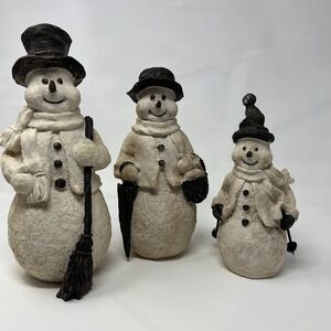 Set of 3 Rustic Snowman Figurines Vintage Look Resin Winter Christmas Decor Farm